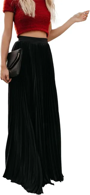 Womens Skirt Midi Long Shirring Skirts High Waisted Swing Boho A Line Skirts Casual Flowy Pleated Chiffon Maxi Skirt