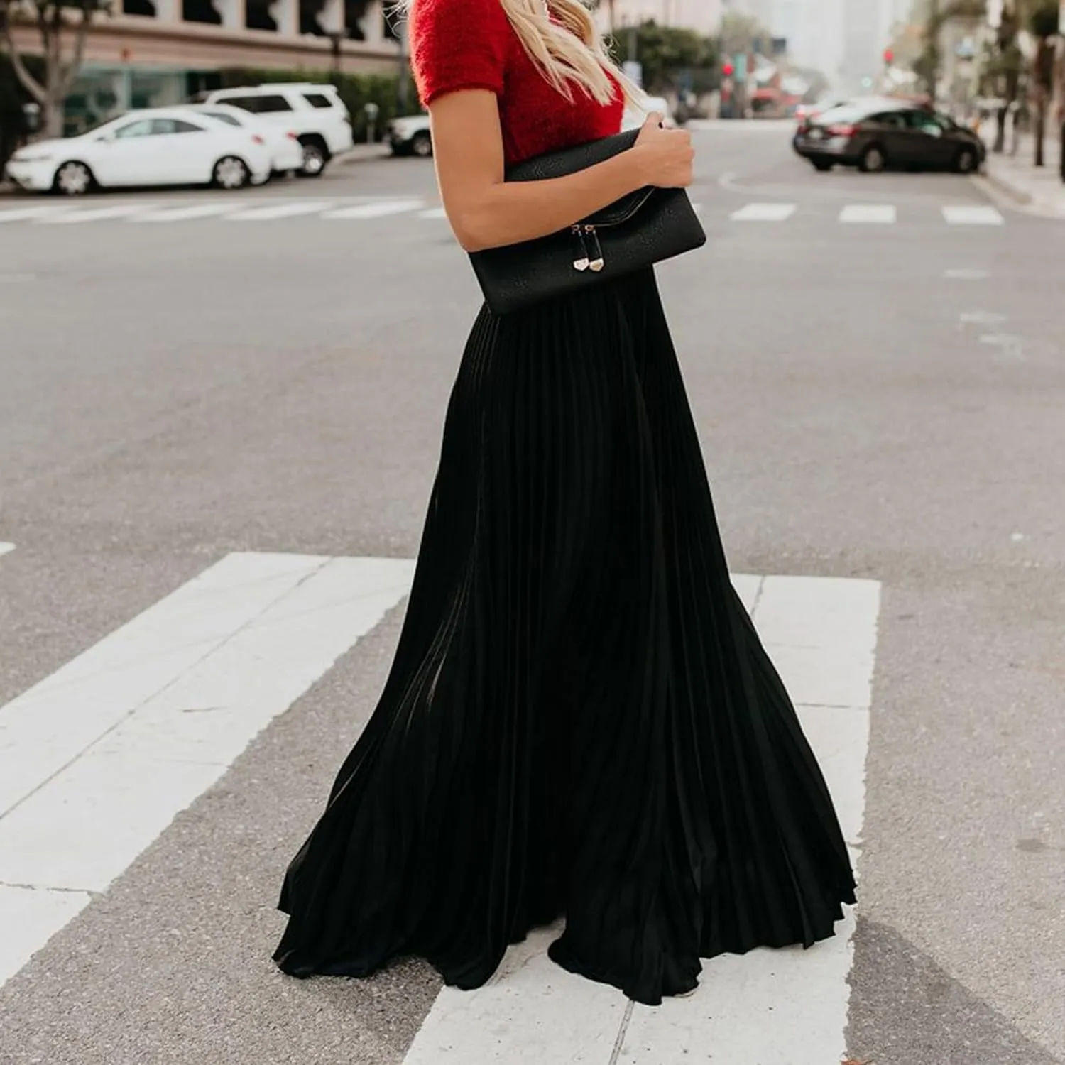 Womens Skirt Midi Long Shirring Skirts High Waisted Swing Boho A Line Skirts Casual Flowy Pleated Chiffon Maxi Skirt