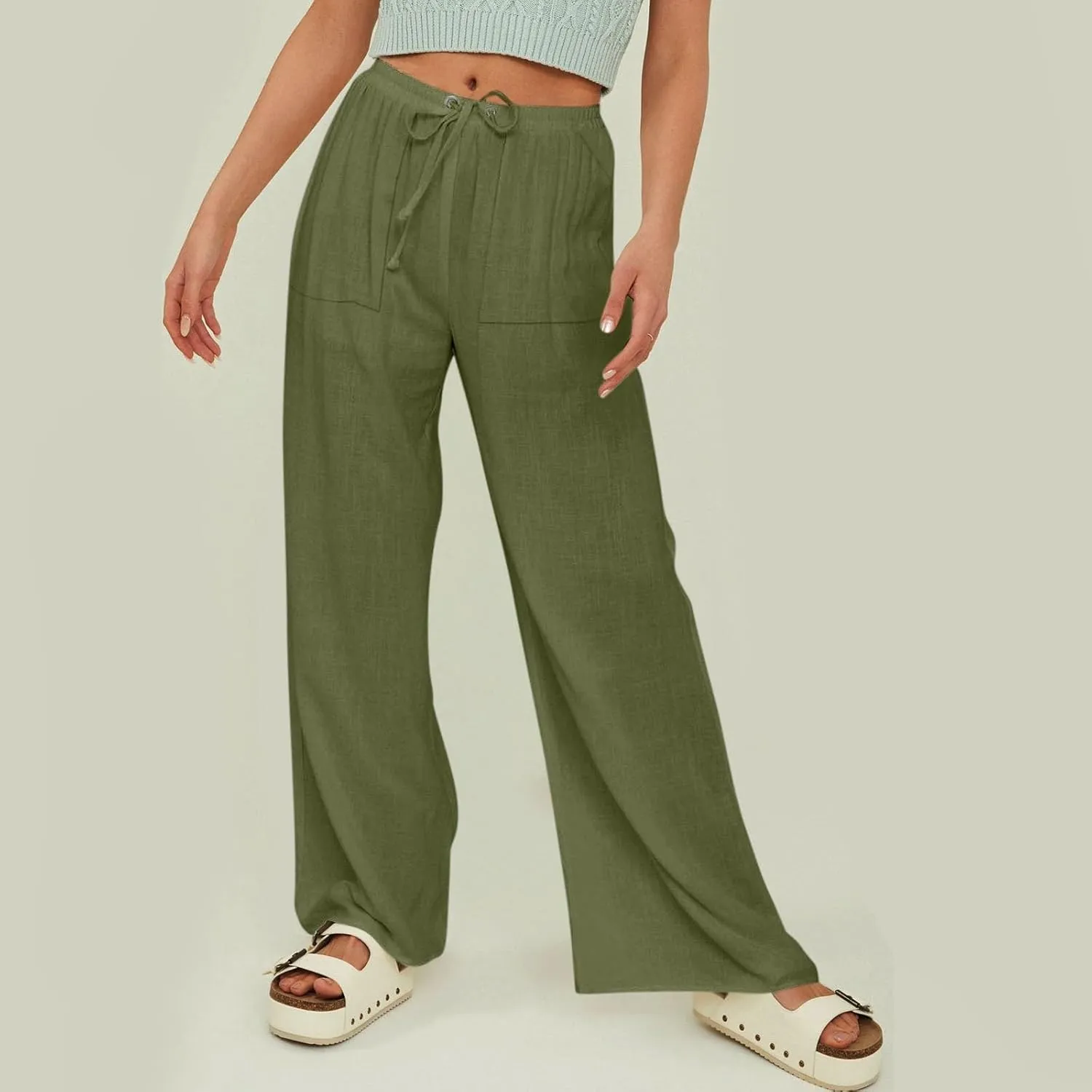 Womens Solid Color Cotton Linen Pants Summer Wide Leg Casual Loose Drawstring High Waist Palazzo Pants Vacation Yoga Trousers