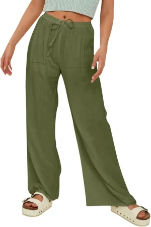 Womens Solid Color Cotton Linen Pants Summer Wide Leg Casual Loose Drawstring High Waist Palazzo Pants Vacation Yoga Trousers