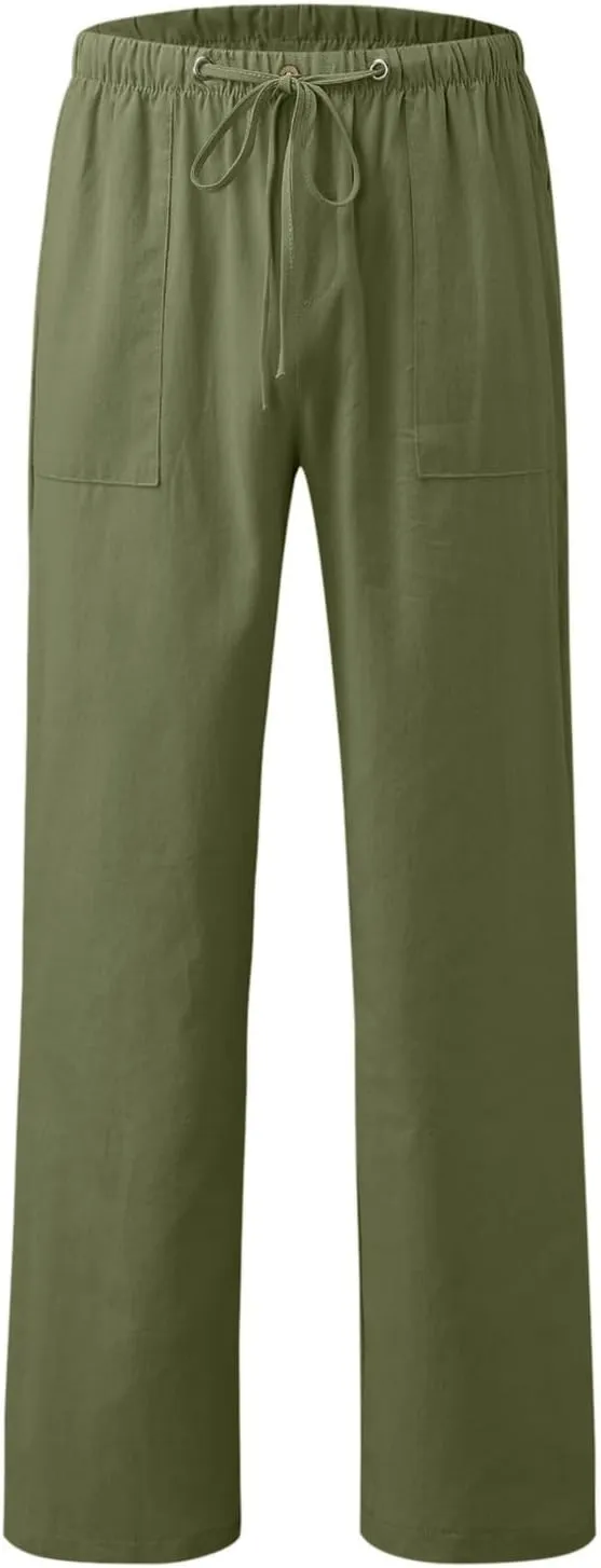 Womens Solid Color Cotton Linen Pants Summer Wide Leg Casual Loose Drawstring High Waist Palazzo Pants Vacation Yoga Trousers