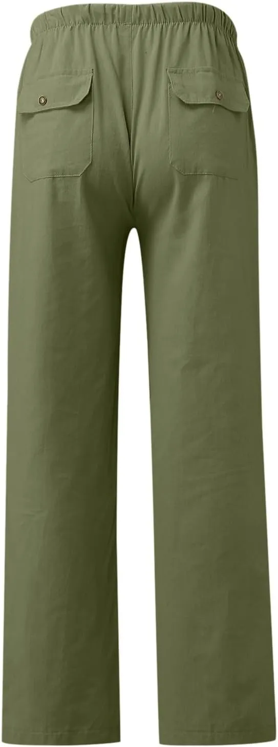 Womens Solid Color Cotton Linen Pants Summer Wide Leg Casual Loose Drawstring High Waist Palazzo Pants Vacation Yoga Trousers
