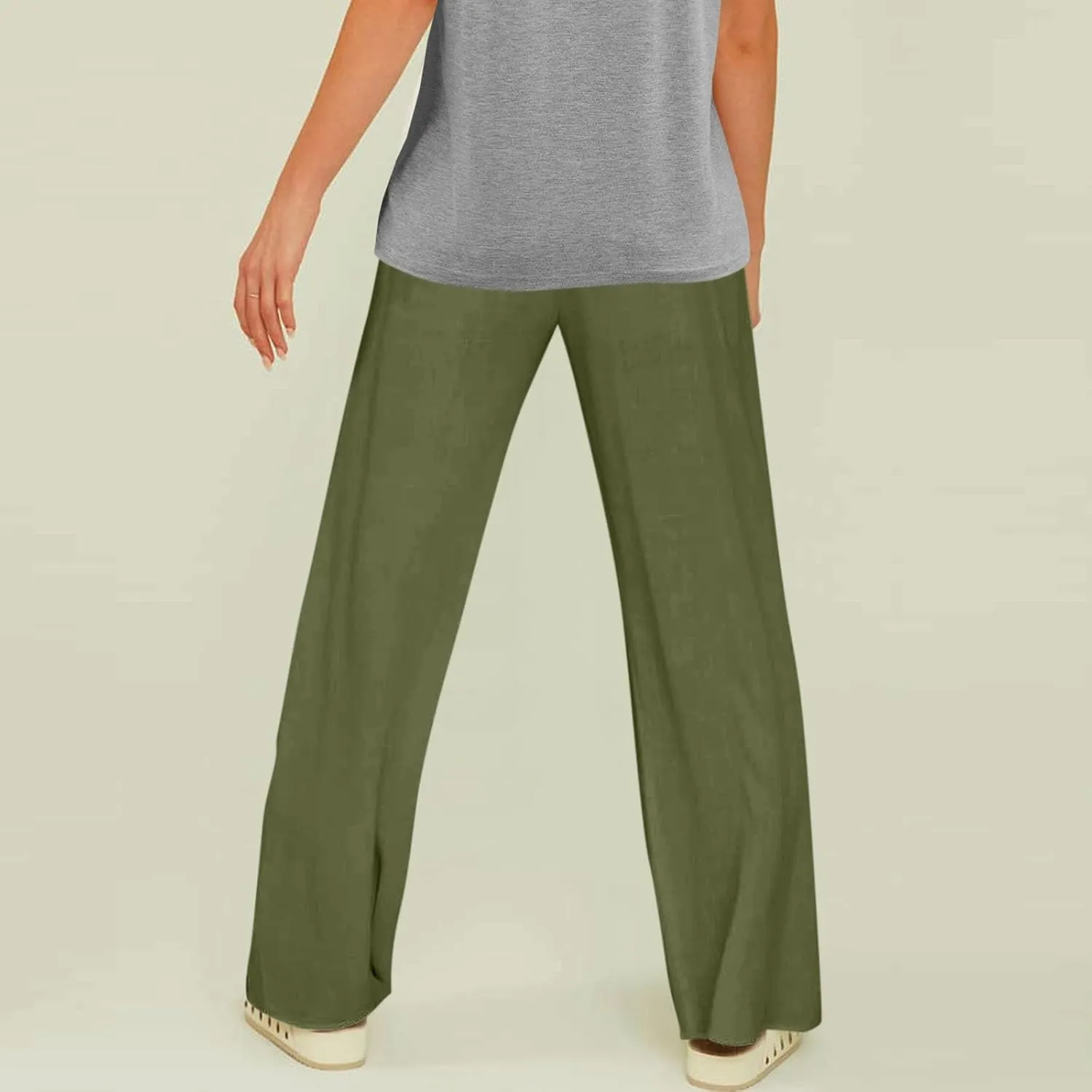Womens Solid Color Cotton Linen Pants Summer Wide Leg Casual Loose Drawstring High Waist Palazzo Pants Vacation Yoga Trousers