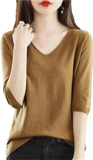 Women's Spring V-Neck Pullover Sweater Mid-Sleeve Undershirt Loose Knitted Short-Sleeved Inner Top
