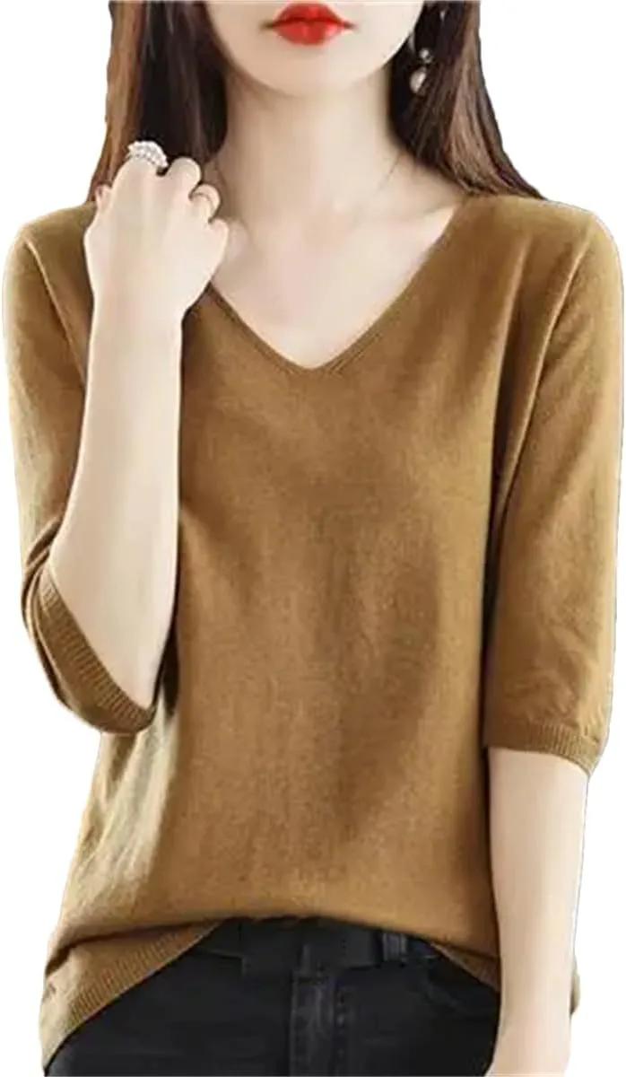 Women's Spring V-Neck Pullover Sweater Mid-Sleeve Undershirt Loose Knitted Short-Sleeved Inner Top