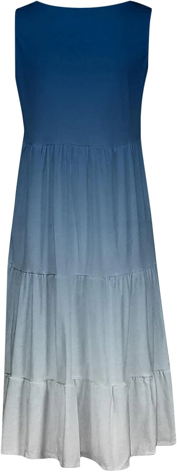 Womens Summer Dresses Sleeveless midi Dress Spaghetti Strap Sundress Ruffles Casual Loose Boho Floral T Shirt Dress