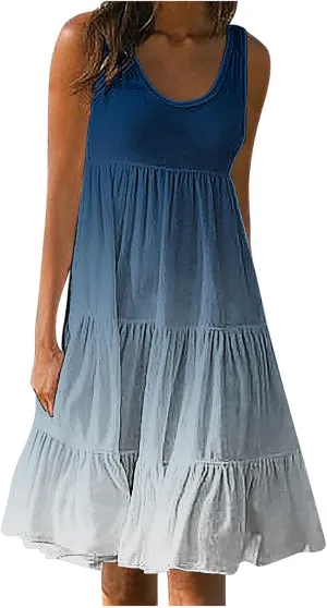 Womens Summer Dresses Sleeveless midi Dress Spaghetti Strap Sundress Ruffles Casual Loose Boho Floral T Shirt Dress