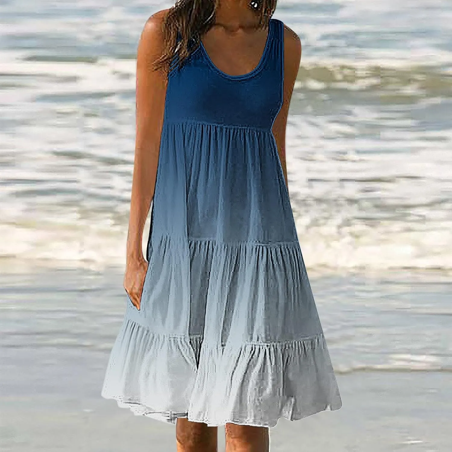 Womens Summer Dresses Sleeveless midi Dress Spaghetti Strap Sundress Ruffles Casual Loose Boho Floral T Shirt Dress