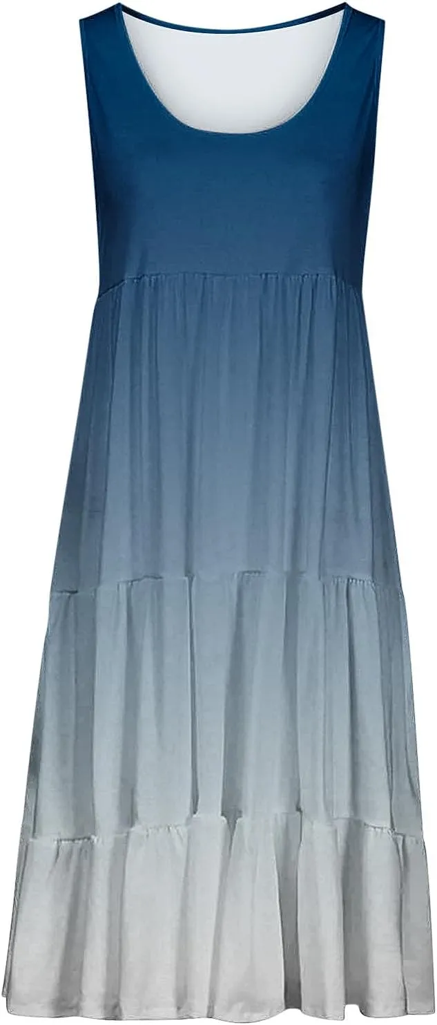 Womens Summer Dresses Sleeveless midi Dress Spaghetti Strap Sundress Ruffles Casual Loose Boho Floral T Shirt Dress