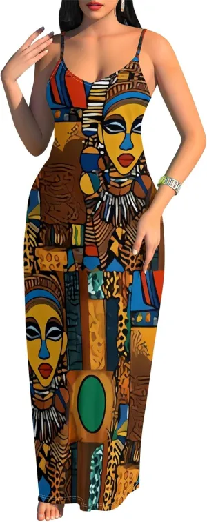 Women's Summer Maxi Dress Casual V-Neck African Print Sleeveless Spaghetti Strap Long Maxi Dresses Sexy Floral Beach Sundress