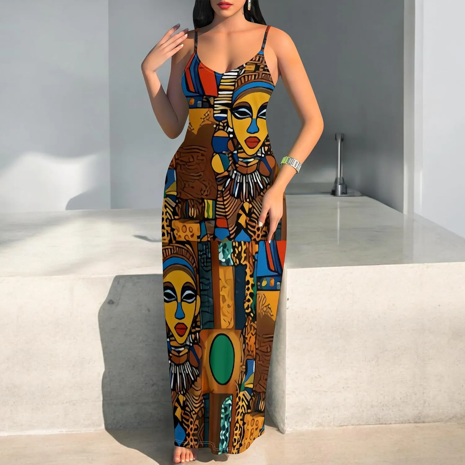 Women's Summer Maxi Dress Casual V-Neck African Print Sleeveless Spaghetti Strap Long Maxi Dresses Sexy Floral Beach Sundress