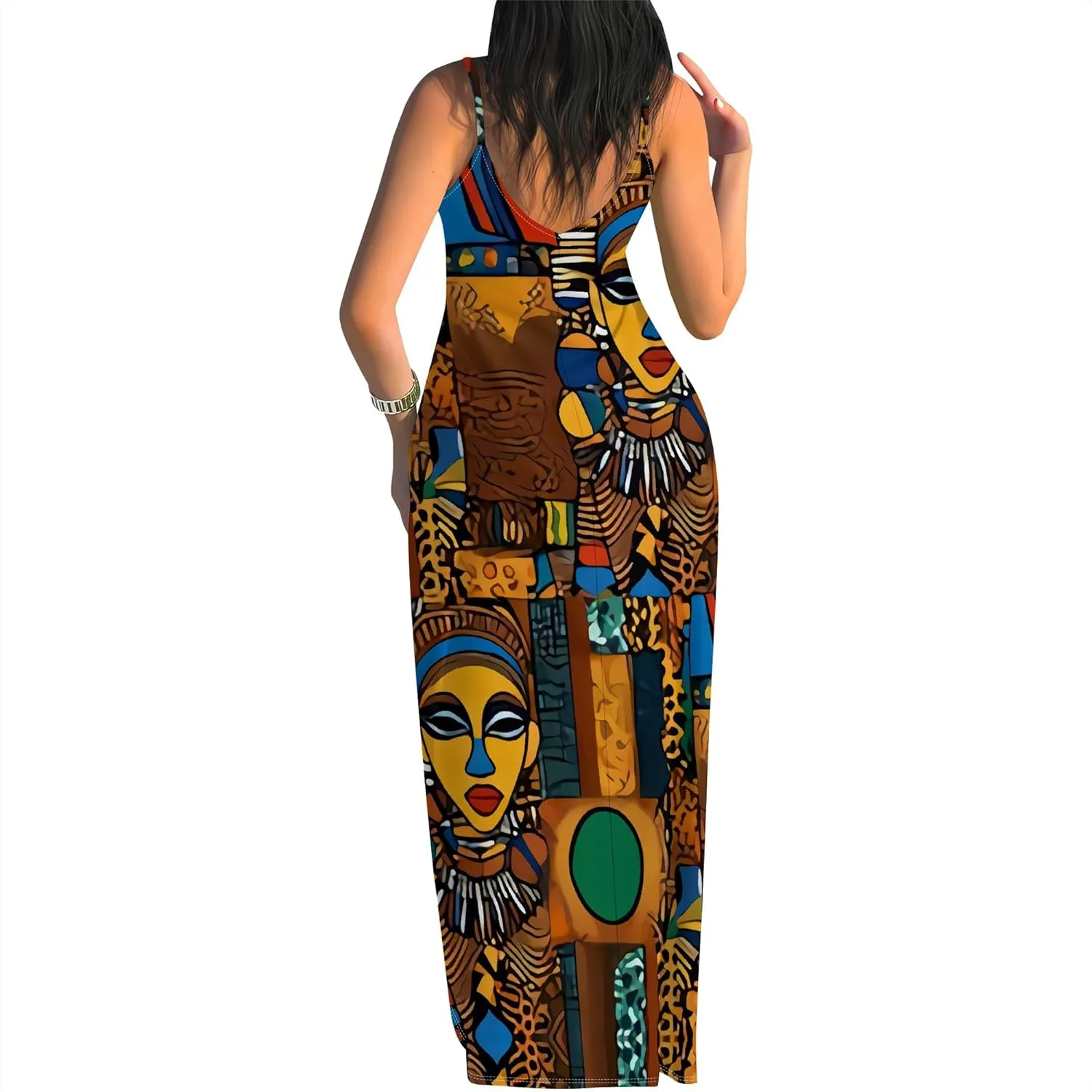 Women's Summer Maxi Dress Casual V-Neck African Print Sleeveless Spaghetti Strap Long Maxi Dresses Sexy Floral Beach Sundress