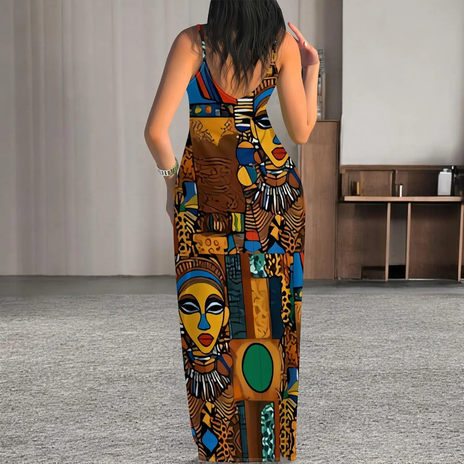 Women's Summer Maxi Dress Casual V-Neck African Print Sleeveless Spaghetti Strap Long Maxi Dresses Sexy Floral Beach Sundress