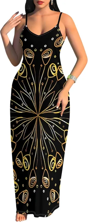 Women's Summer Maxi Dress Casual V-Neck African Print Sleeveless Spaghetti Strap Long Maxi Dresses Sexy Floral Beach Sundress