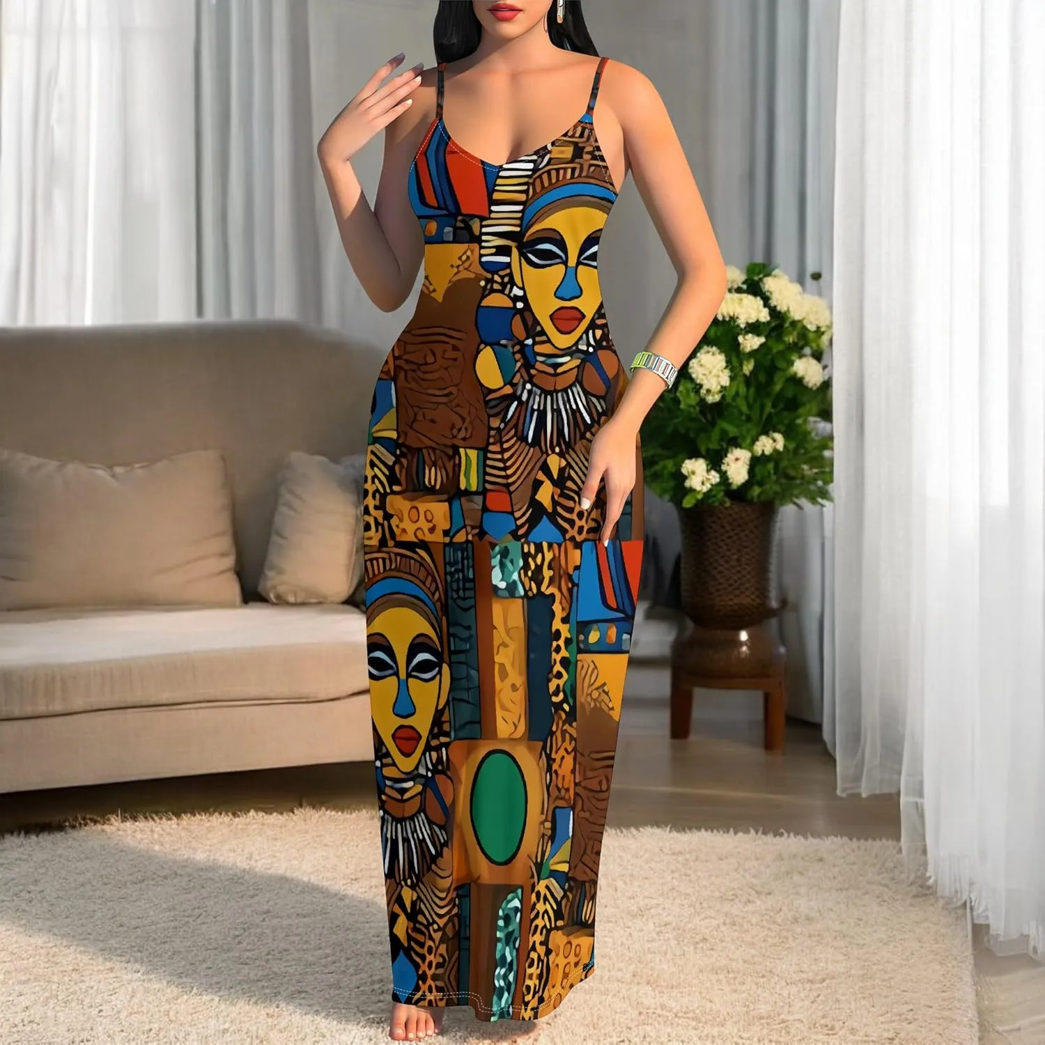 Women's Summer Maxi Dress Casual V-Neck African Print Sleeveless Spaghetti Strap Long Maxi Dresses Sexy Floral Beach Sundress