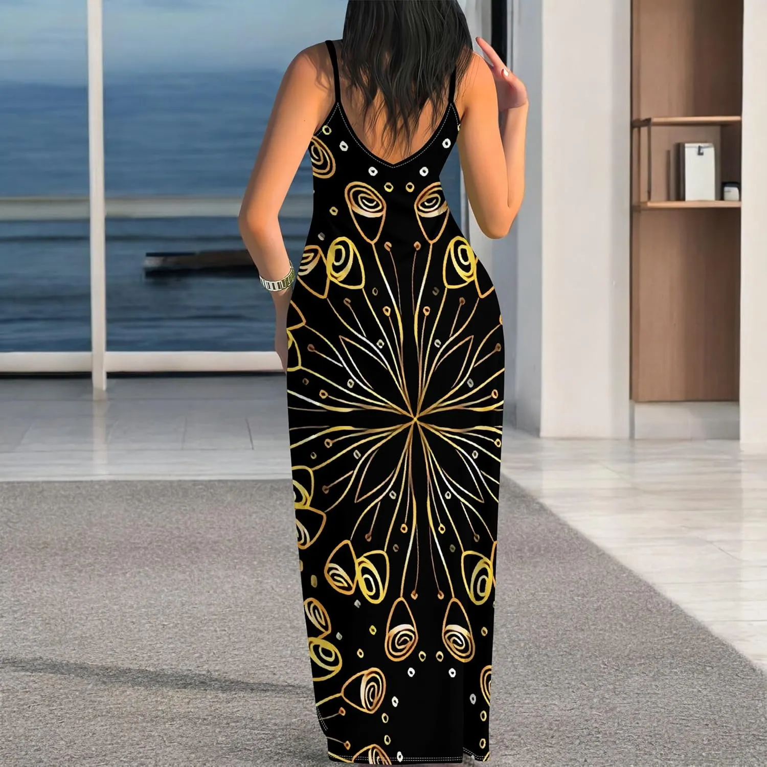 Women's Summer Maxi Dress Casual V-Neck African Print Sleeveless Spaghetti Strap Long Maxi Dresses Sexy Floral Beach Sundress