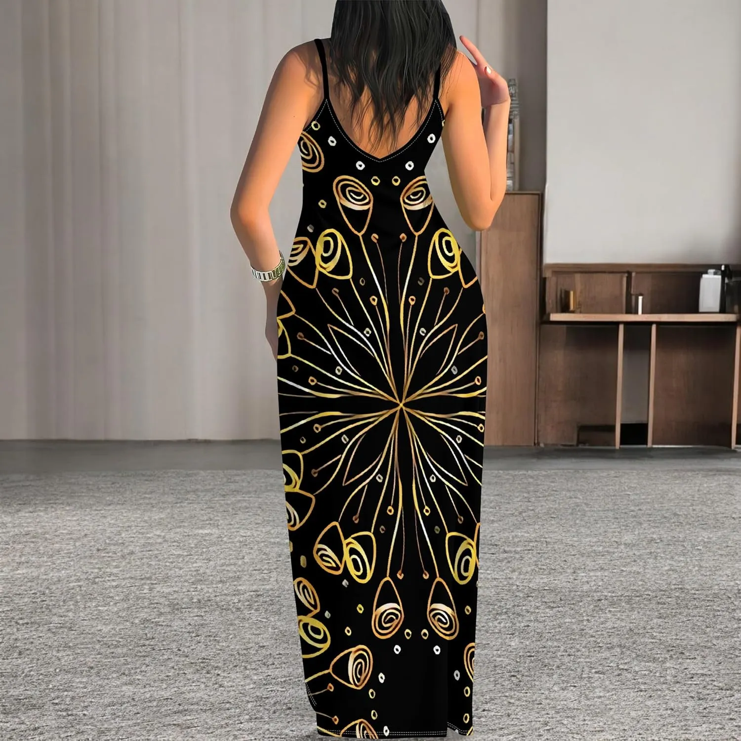 Women's Summer Maxi Dress Casual V-Neck African Print Sleeveless Spaghetti Strap Long Maxi Dresses Sexy Floral Beach Sundress