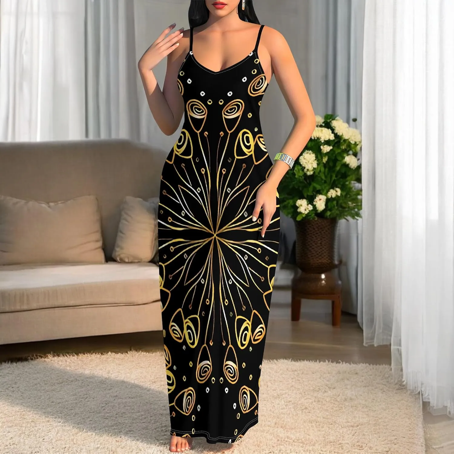 Women's Summer Maxi Dress Casual V-Neck African Print Sleeveless Spaghetti Strap Long Maxi Dresses Sexy Floral Beach Sundress