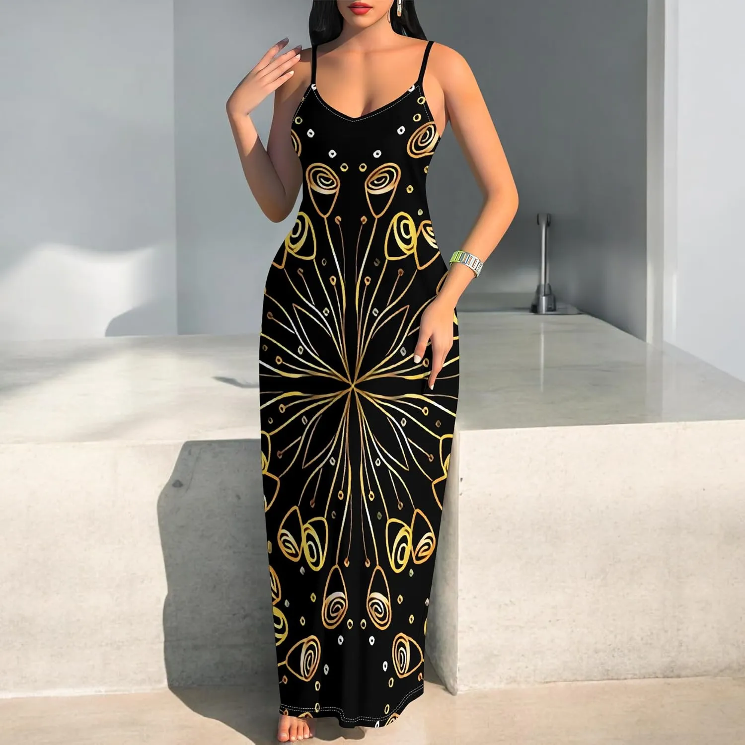 Women's Summer Maxi Dress Casual V-Neck African Print Sleeveless Spaghetti Strap Long Maxi Dresses Sexy Floral Beach Sundress