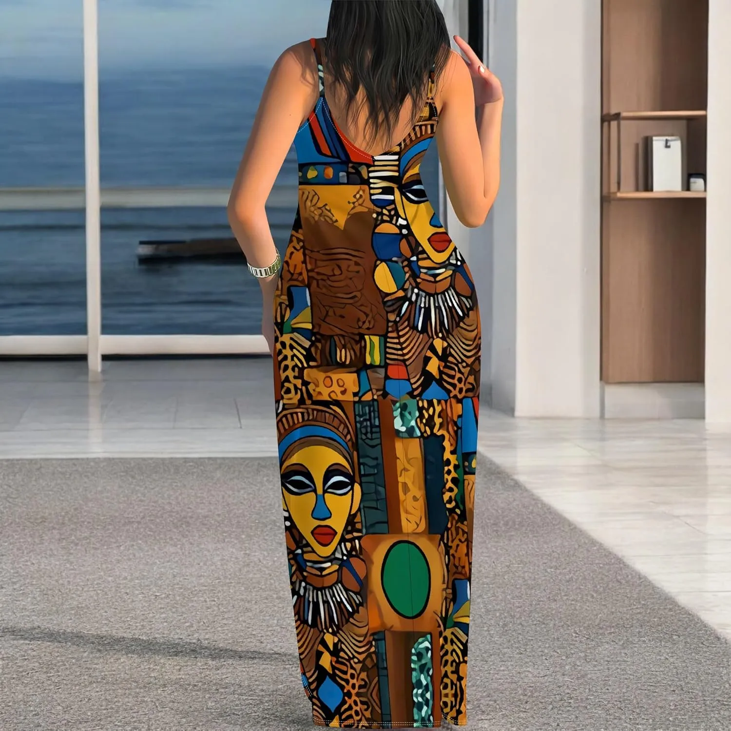 Women's Summer Maxi Dress Casual V-Neck African Print Sleeveless Spaghetti Strap Long Maxi Dresses Sexy Floral Beach Sundress