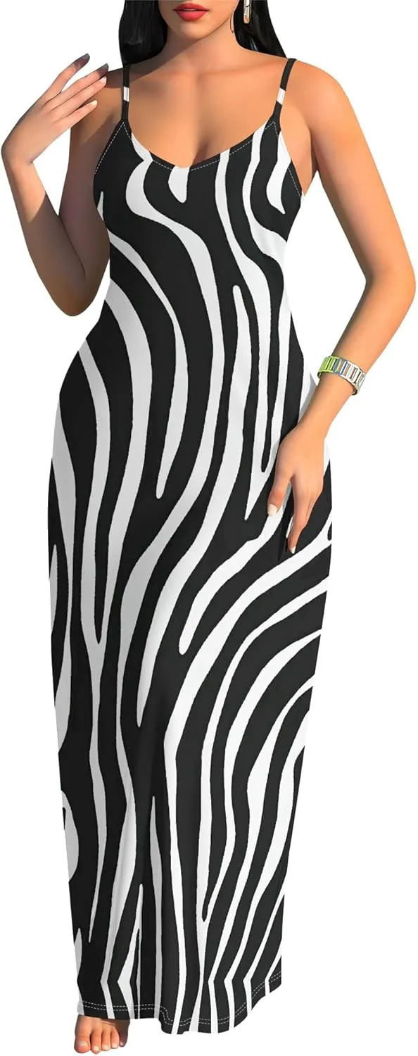 Women's Summer Maxi Dress Casual V-Neck Sleeveless Spaghetti Strap Long Dresses Sexy A-Line Beach Sundress Travel Vacation