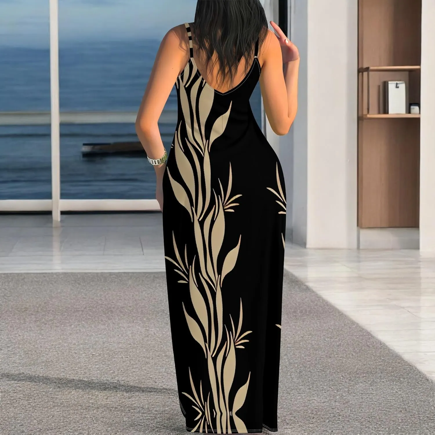 Women's Summer Maxi Dress Casual V-Neck Sleeveless Spaghetti Strap Long Dresses Sexy A-Line Beach Sundress Travel Vacation
