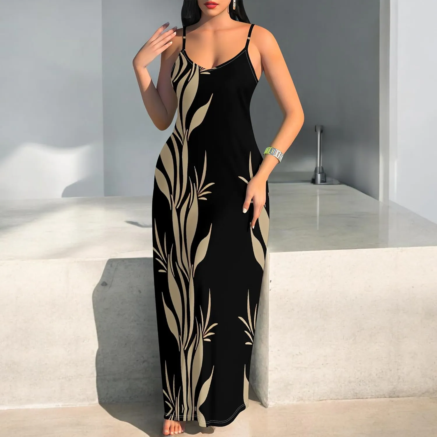 Women's Summer Maxi Dress Casual V-Neck Sleeveless Spaghetti Strap Long Dresses Sexy A-Line Beach Sundress Travel Vacation