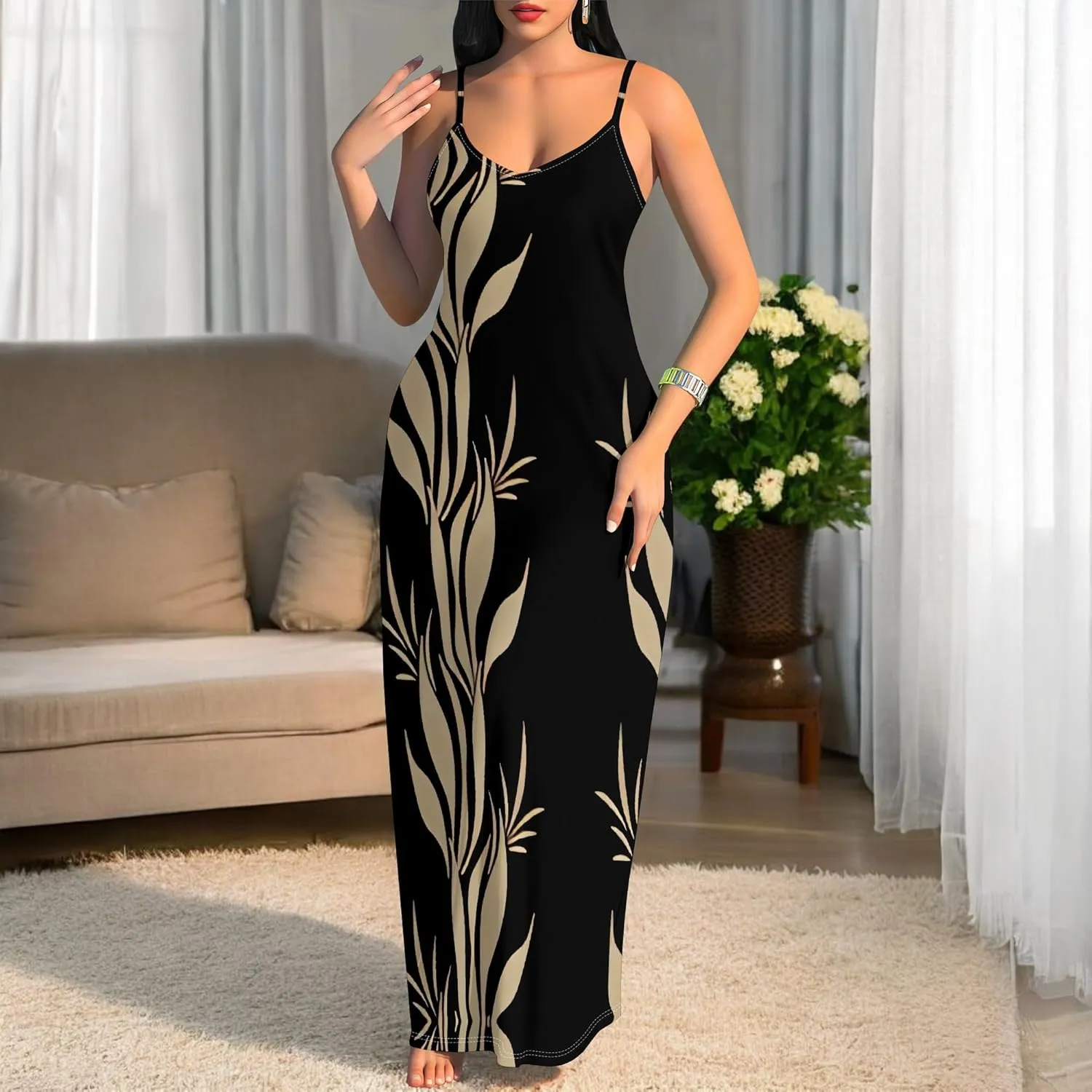 Women's Summer Maxi Dress Casual V-Neck Sleeveless Spaghetti Strap Long Dresses Sexy A-Line Beach Sundress Travel Vacation