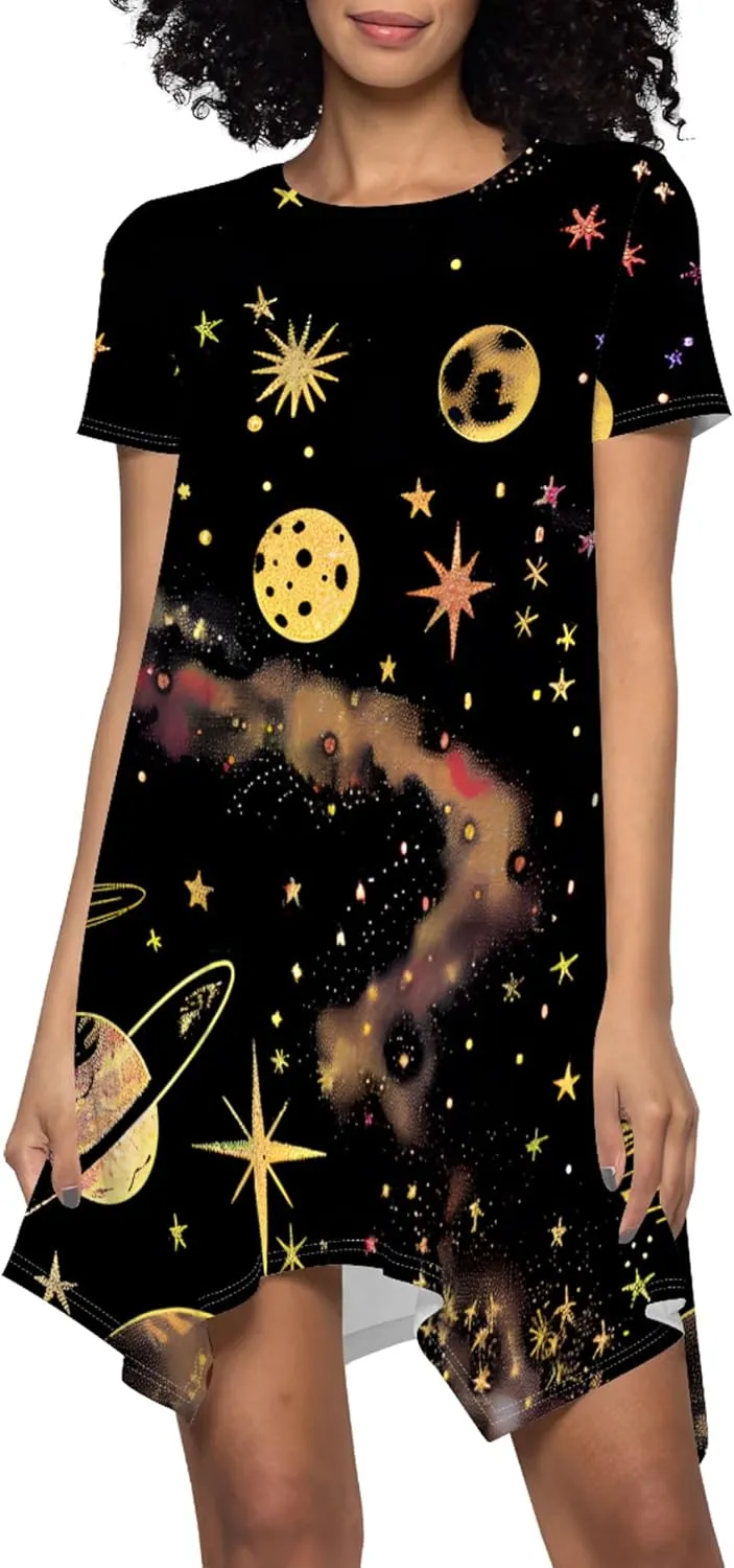 Womens Summer Midi Dress Casual Floral Print Loose T-Shirt Short Sleeve A-Line Dresses Plus Size Flowy Boho Sundress