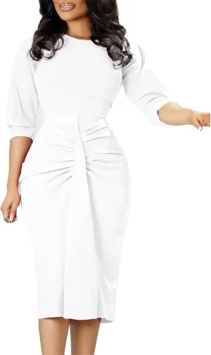 Women's Summer Soild Midi Bodycon Dresses Half Puff Sleeve Ruched Bodycon Cocktail Party Pencil Formal Dress