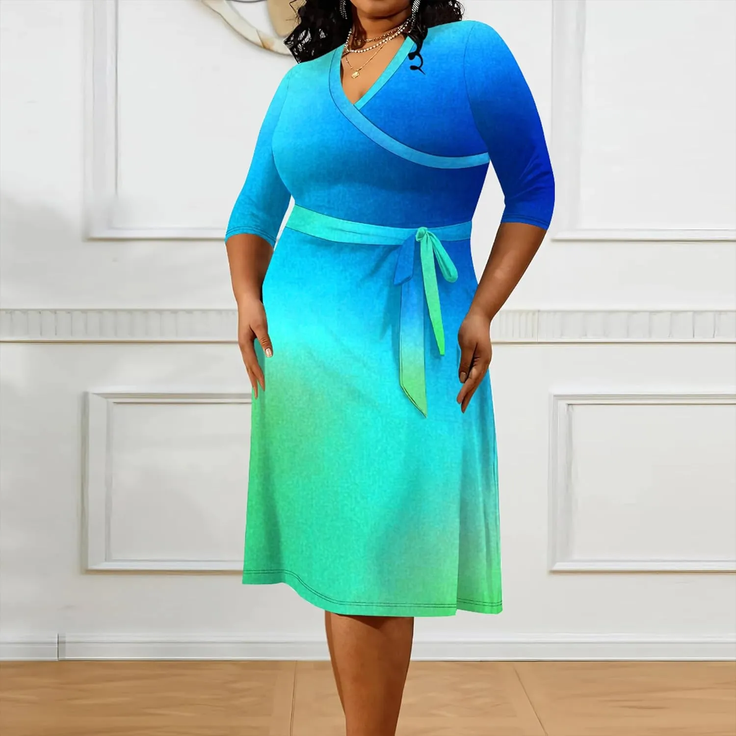 Women's Tie Dye Dress V Neck Loose Fit Casual Plus Size Midi Dresses with Belt Beach Boho Sundress Travel Vacation Outfit