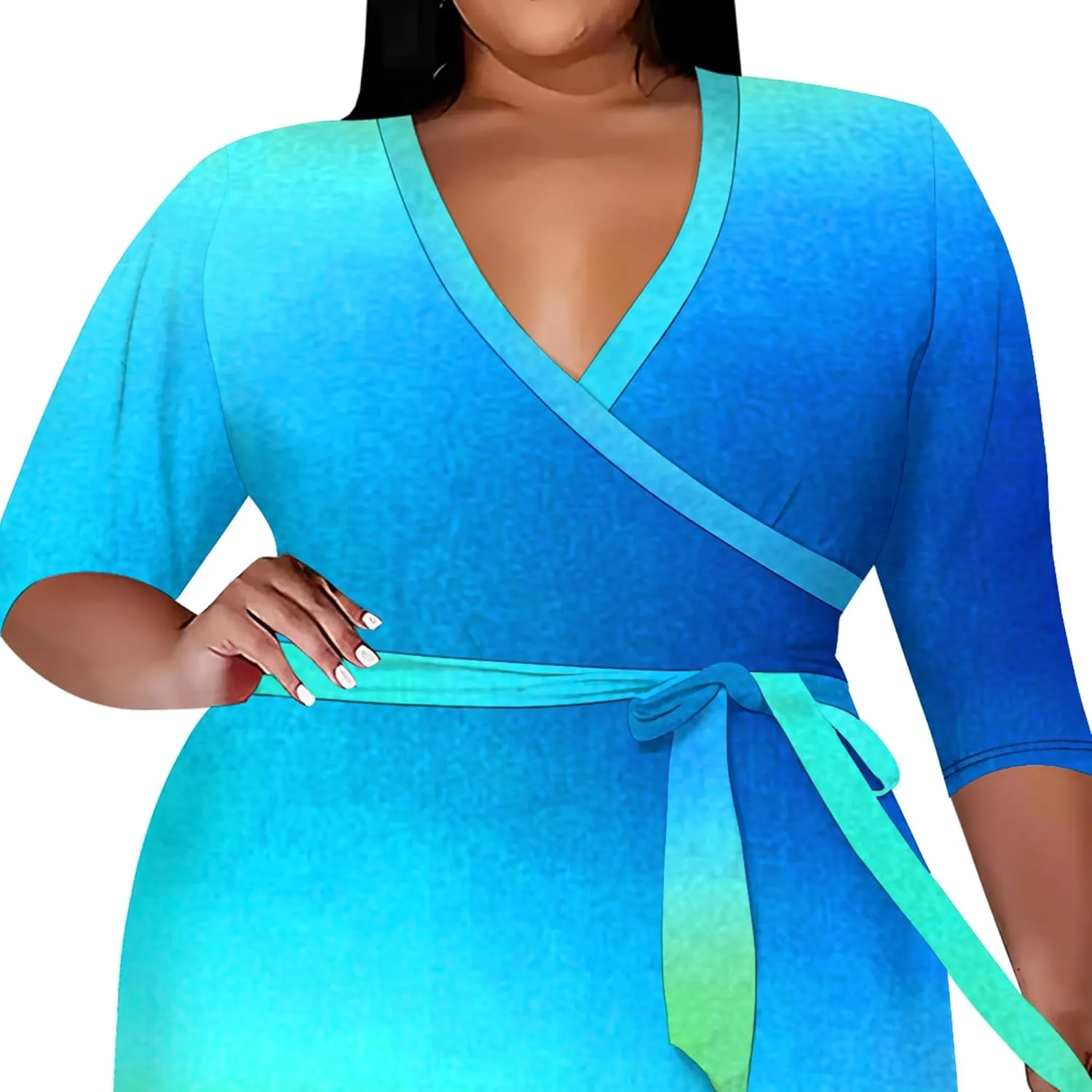 Women's Tie Dye Dress V Neck Loose Fit Casual Plus Size Midi Dresses with Belt Beach Boho Sundress Travel Vacation Outfit