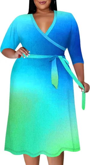 Women's Tie Dye Dress V Neck Loose Fit Casual Plus Size Midi Dresses with Belt Beach Boho Sundress Travel Vacation Outfit