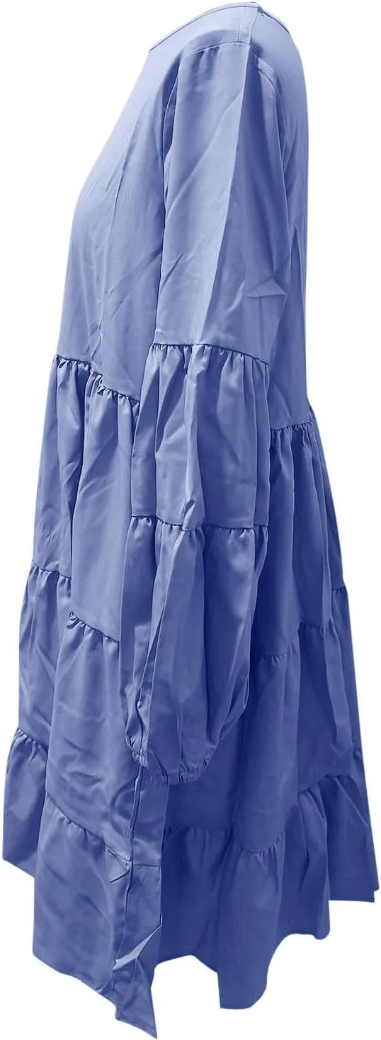 Womens Tiered Ruffle Mini Dresses Lantern Long Sleeve Crewneck A-Line Dress Casual Loose Fit Babydoll Swing Dress