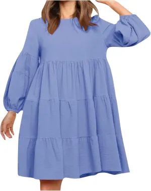 Womens Tiered Ruffle Mini Dresses Lantern Long Sleeve Crewneck A-Line Dress Casual Loose Fit Babydoll Swing Dress