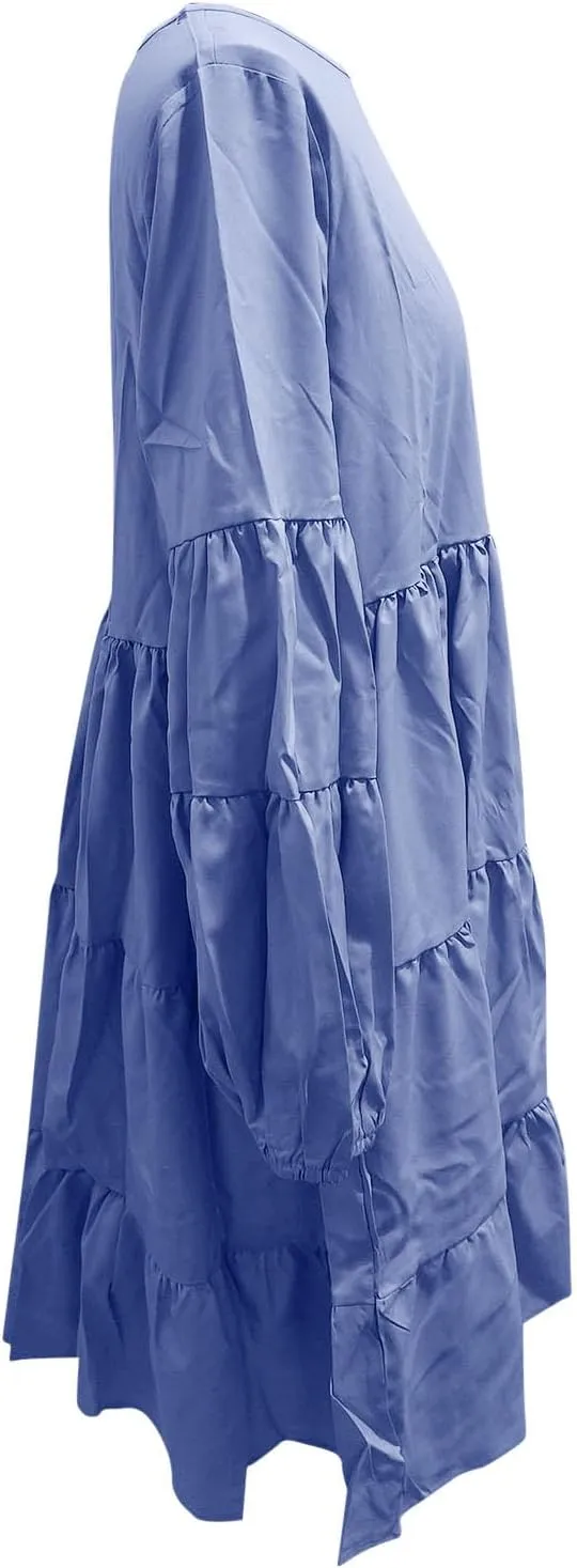 Womens Tiered Ruffle Mini Dresses Lantern Long Sleeve Crewneck A-Line Dress Casual Loose Fit Babydoll Swing Dress