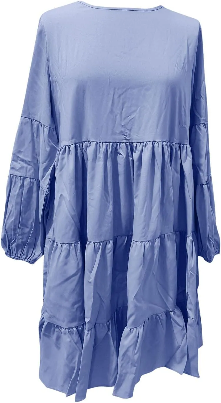 Womens Tiered Ruffle Mini Dresses Lantern Long Sleeve Crewneck A-Line Dress Casual Loose Fit Babydoll Swing Dress