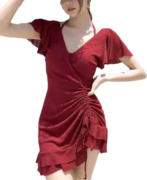 Women's V-Neck Solid Color Shirring Lace Up Ruffles Dress Slim Butterfly Sleeve Mini Dress