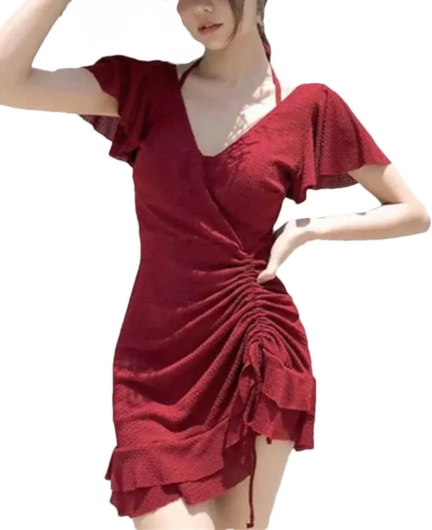 Women's V-Neck Solid Color Shirring Lace Up Ruffles Dress Slim Butterfly Sleeve Mini Dress
