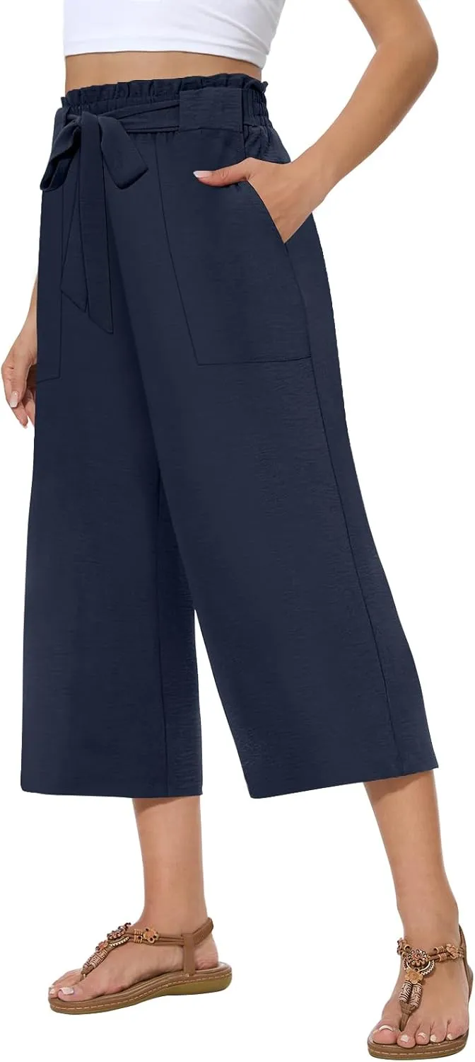 Womens Wide Leg Capri Pants Summer High Waisted Pants Drawstring Casual Loose Trousers with Pockets