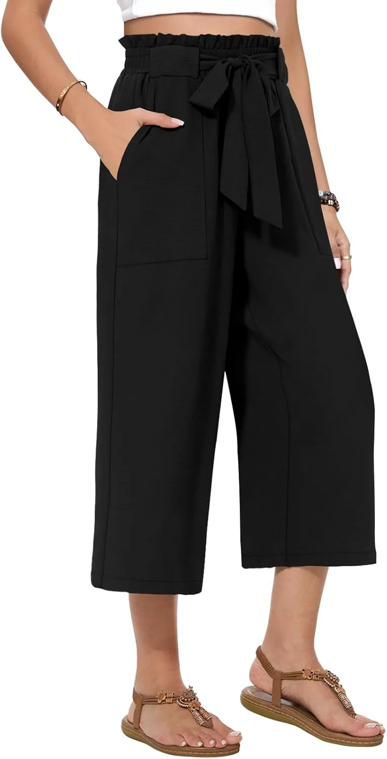 Womens Wide Leg Capri Pants Summer High Waisted Pants Drawstring Casual Loose Trousers with Pockets