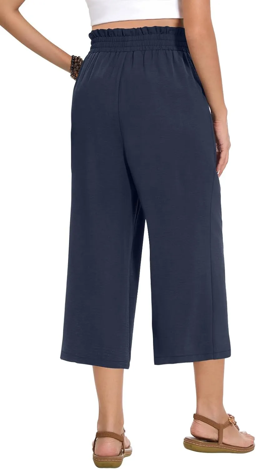 Womens Wide Leg Capri Pants Summer High Waisted Pants Drawstring Casual Loose Trousers with Pockets