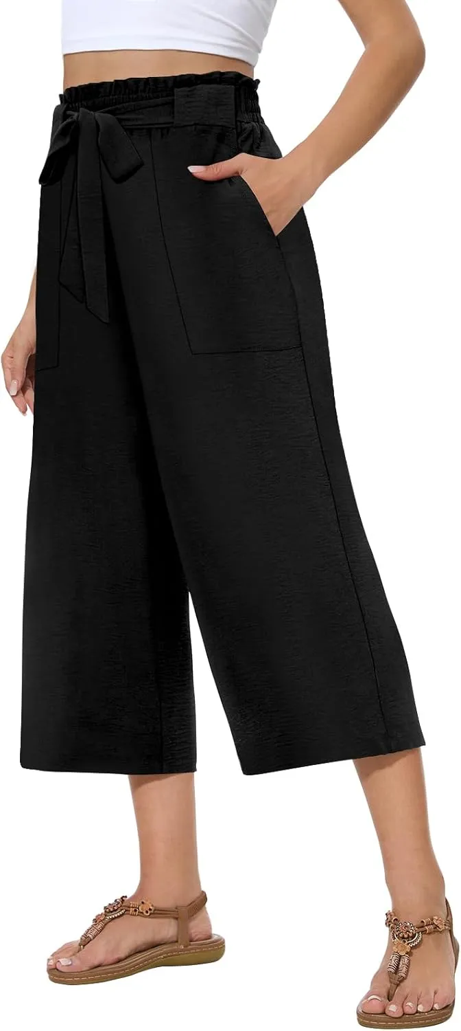 Womens Wide Leg Capri Pants Summer High Waisted Pants Drawstring Casual Loose Trousers with Pockets