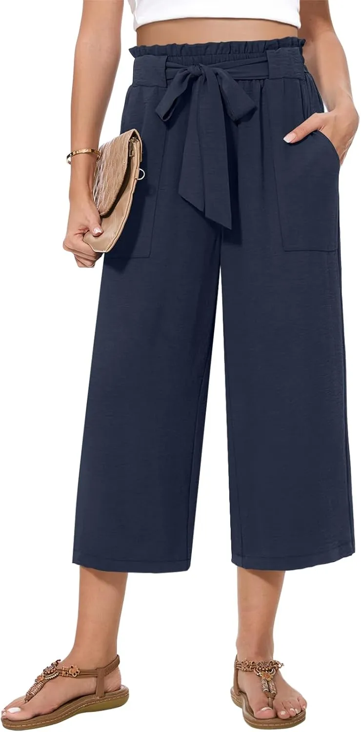 Womens Wide Leg Capri Pants Summer High Waisted Pants Drawstring Casual Loose Trousers with Pockets