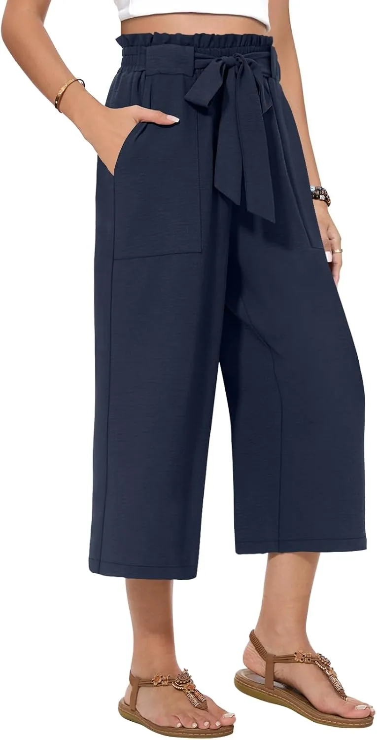 Womens Wide Leg Capri Pants Summer High Waisted Pants Drawstring Casual Loose Trousers with Pockets