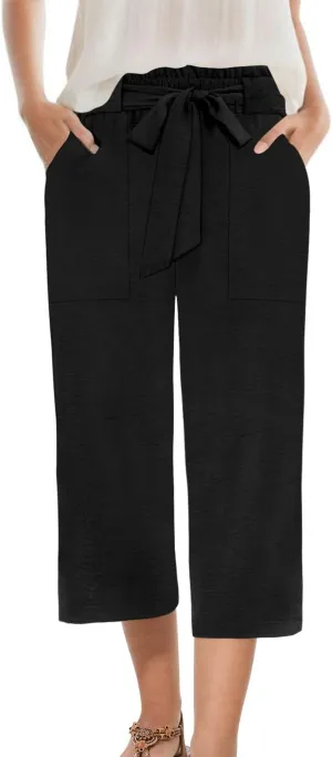Womens Wide Leg Capri Pants Summer High Waisted Pants Drawstring Casual Loose Trousers with Pockets