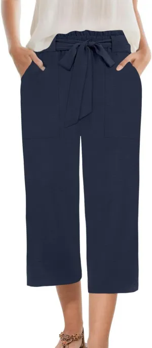 Womens Wide Leg Capri Pants Summer High Waisted Pants Drawstring Casual Loose Trousers with Pockets