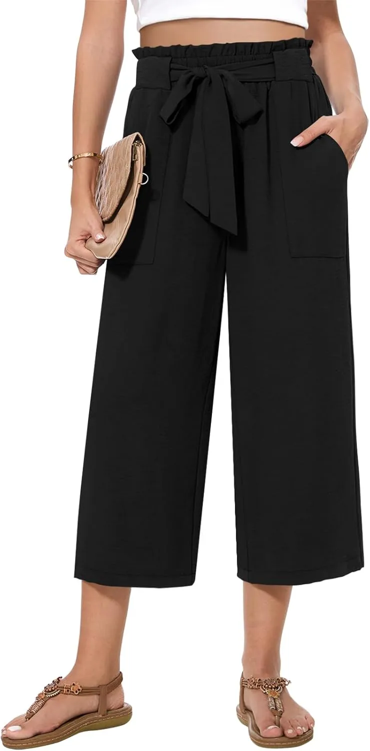Womens Wide Leg Capri Pants Summer High Waisted Pants Drawstring Casual Loose Trousers with Pockets
