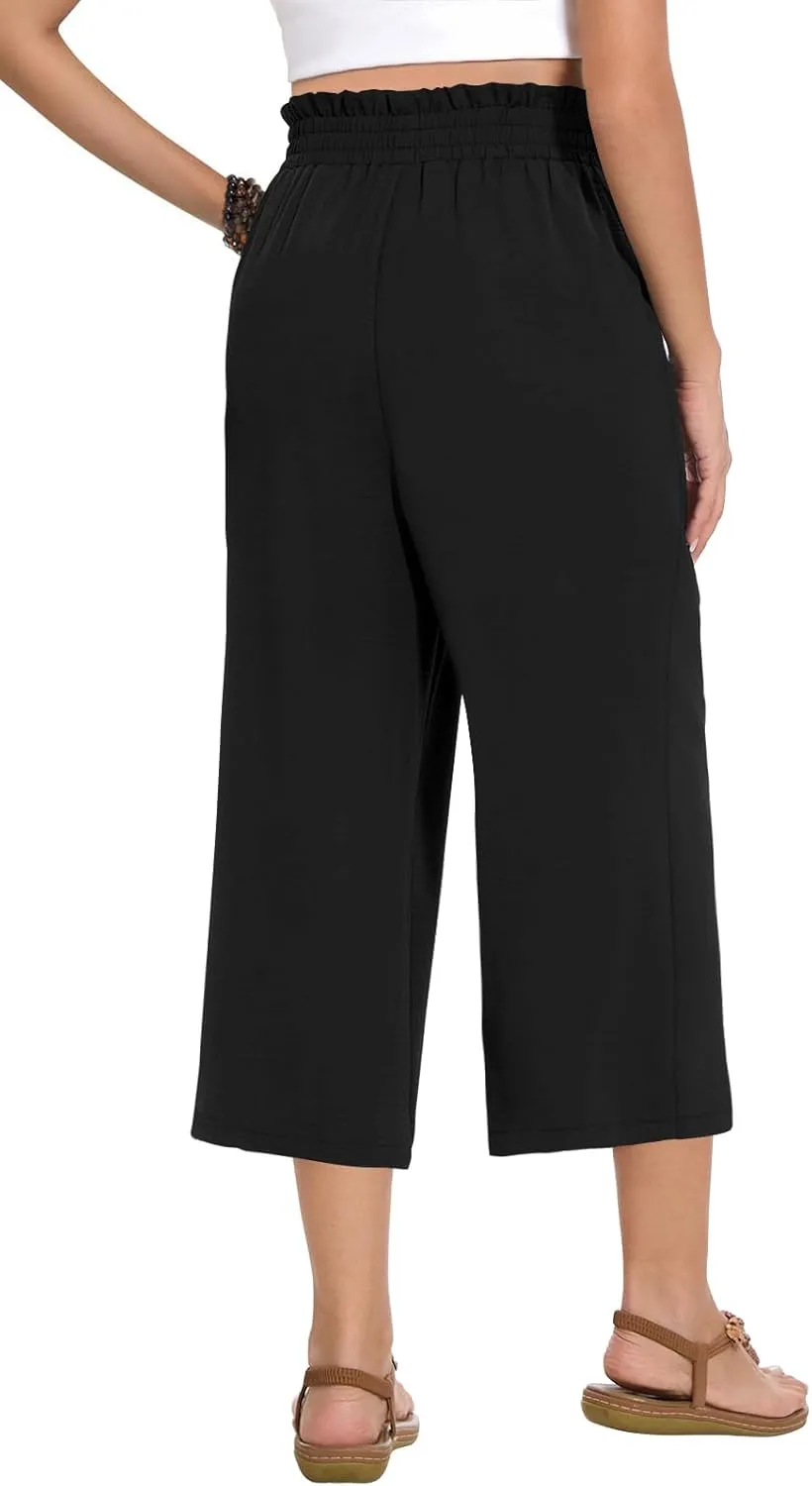 Womens Wide Leg Capri Pants Summer High Waisted Pants Drawstring Casual Loose Trousers with Pockets