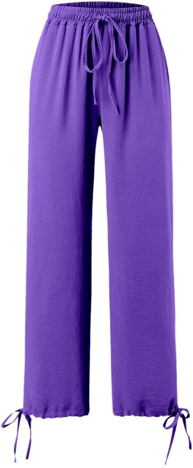 Womens Wide Leg Pants Drawstring 2025 Baggy Y2K Summer Stretchy Boho Beach Pants Resort Wear Beach Trendy Palazzo Trousers
